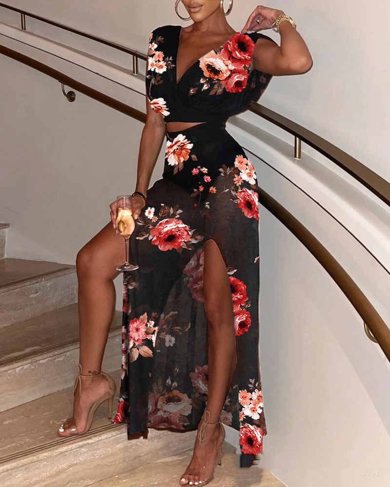 V-Neck Slit Skirt Set