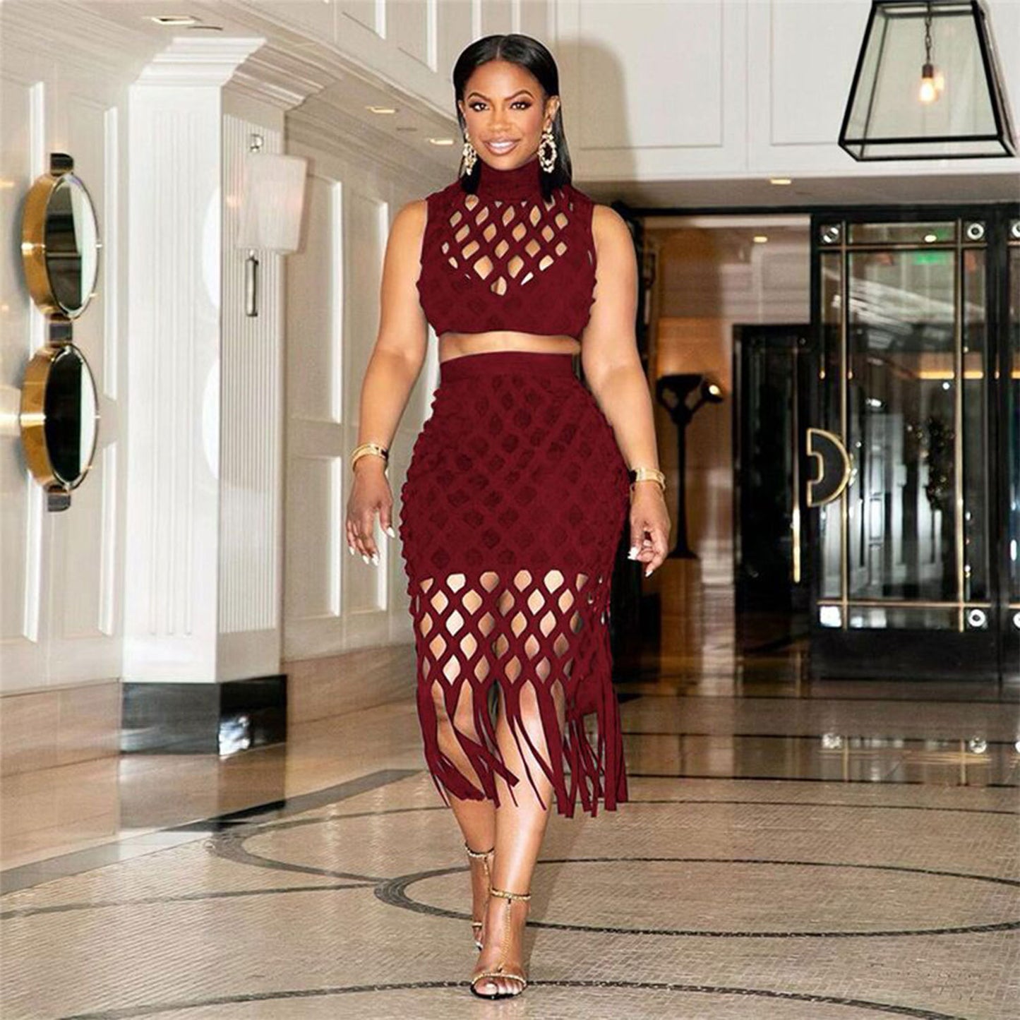Cut Out Fringed Skirt Set
