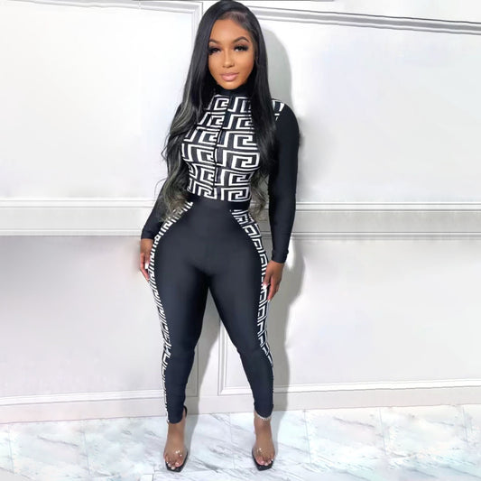 Long Sleeve Geometric Print Jumpsuit