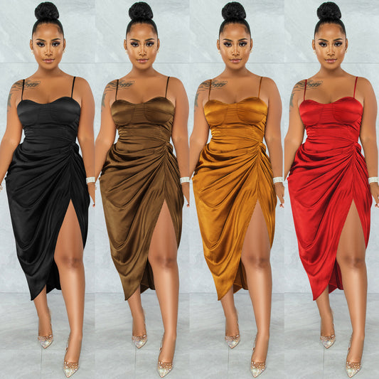 Satin Ruched Slit Dress
