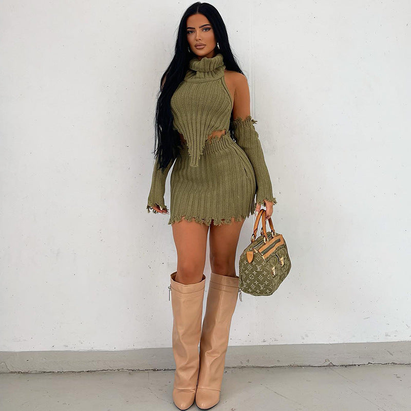High Collar Long Sleeved Skirt Three-Piece Set