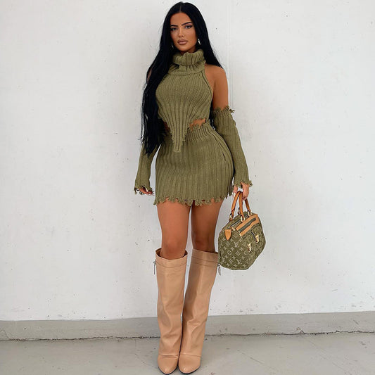 High Collar Long Sleeved Skirt Three-Piece Set
