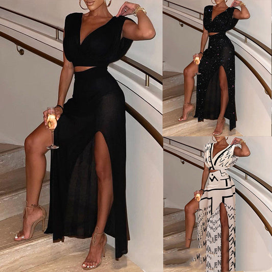 V-Neck Slit Skirt Set