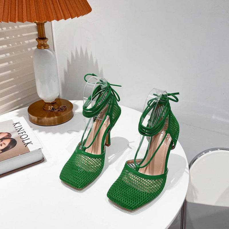 High Heel Square Toe Lace Up Sandals