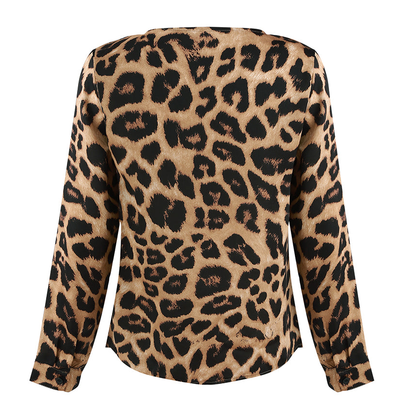 Long Sleeve V-Neck Leopard Print Blouse