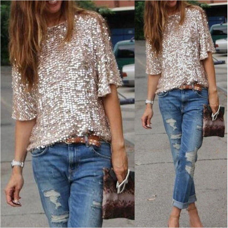 Loose Off Shoulder Sequin Glitter Top
