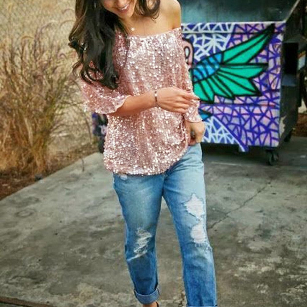 Loose Off Shoulder Sequin Glitter Top