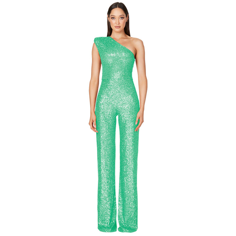 Sleeveless One Shoulder Sequin Jumpsuit