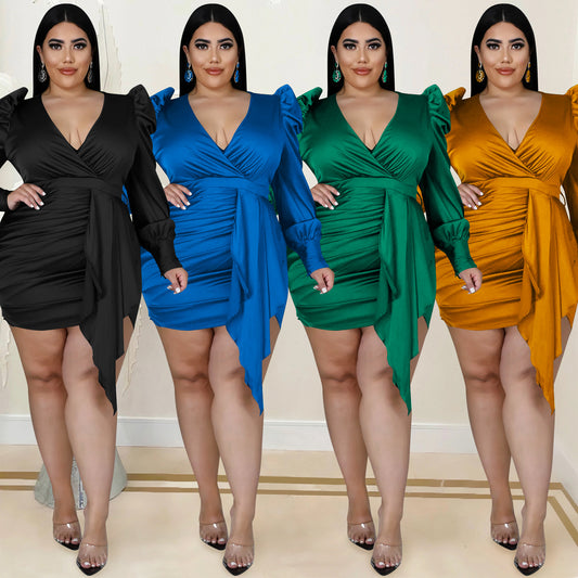 Deep V-Neck Long Sleeve Dress