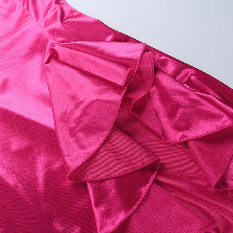 Satin Ruffled Dress with High Slit