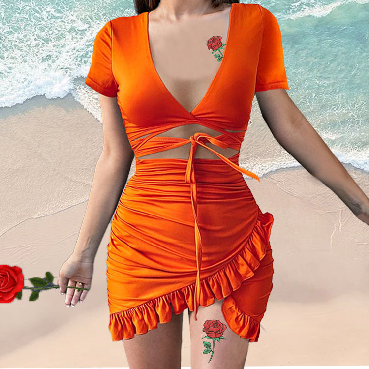 V-Neck Lace Up Dress