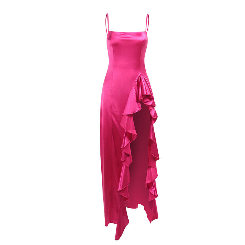 Satin Ruffled Dress with High Slit