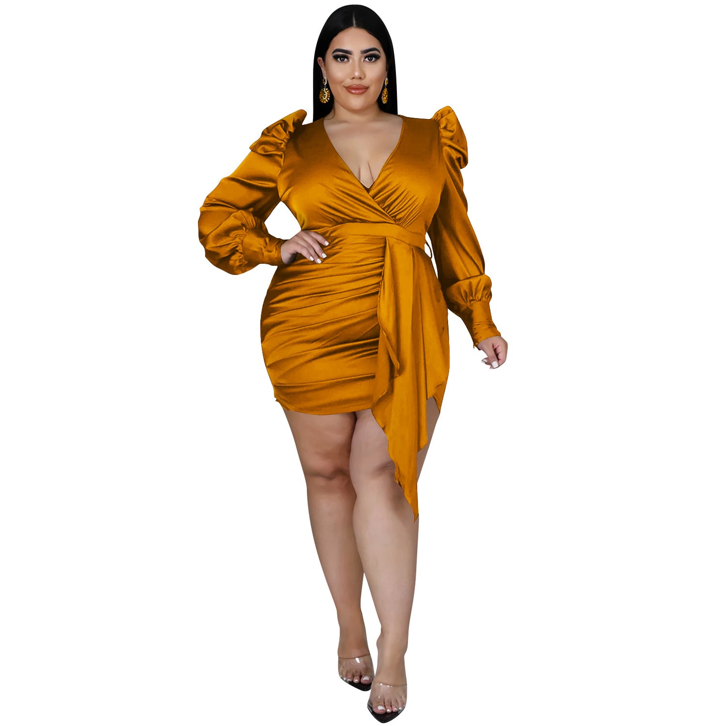 Deep V-Neck Long Sleeve Dress