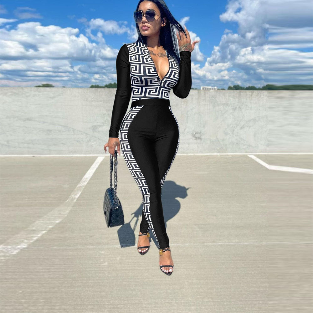 Long Sleeve Geometric Print Jumpsuit