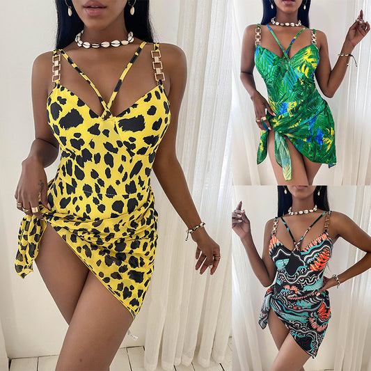 Printed One Piece Swimsuit and Skirt Set