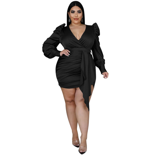 Deep V-Neck Long Sleeve Dress