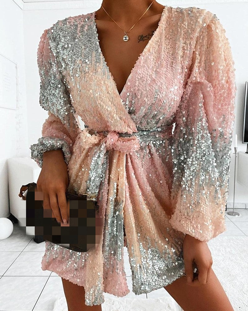 Sequin Wrap Mini Dress