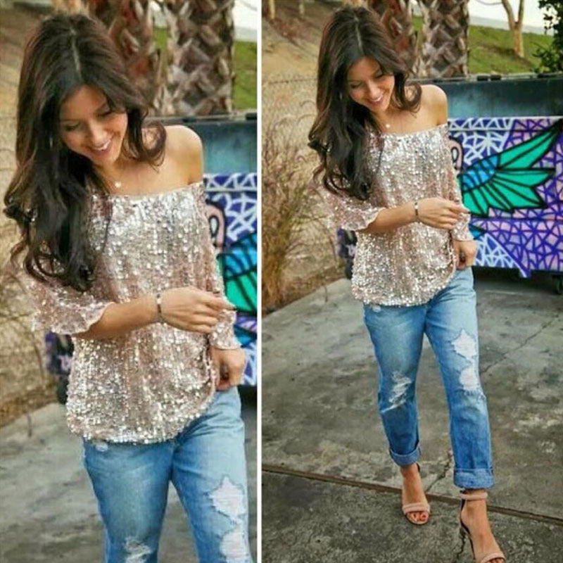 Loose Off Shoulder Sequin Glitter Top