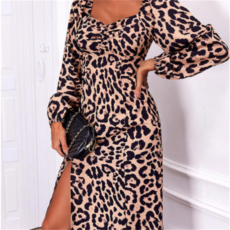 Leopard Long Sleeve Split Dress