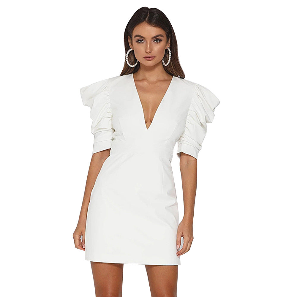 Deep V-Neck Puffed Sleeve Dress
