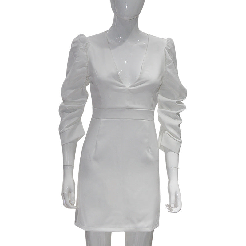 Deep V-Neck Puffed Sleeve Dress