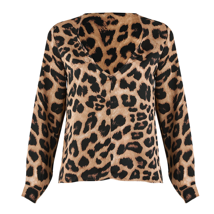 Long Sleeve V-Neck Leopard Print Blouse