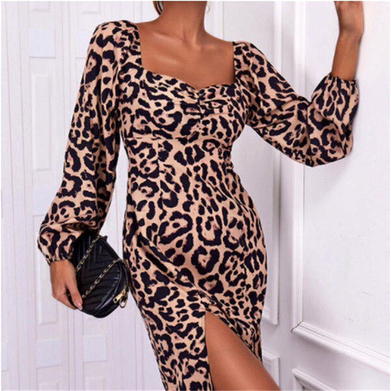 Leopard Long Sleeve Split Dress