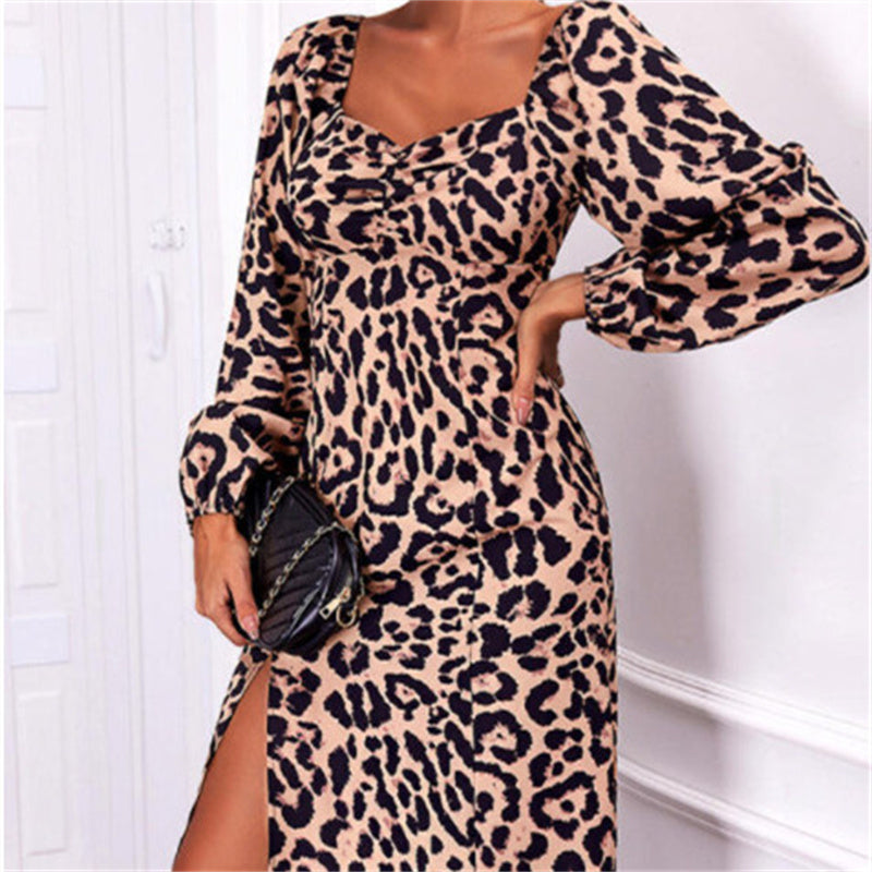 Leopard Long Sleeve Split Dress