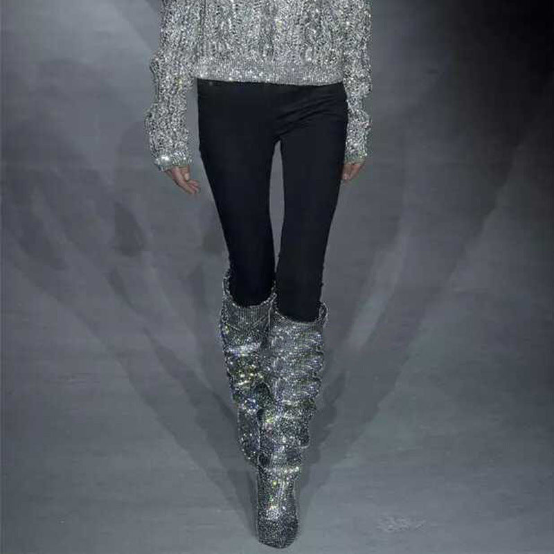 Rhinestone Knee High Boots