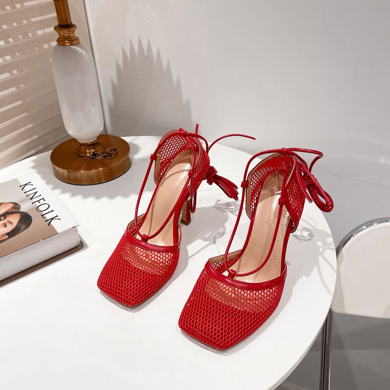 High Heel Square Toe Lace Up Sandals