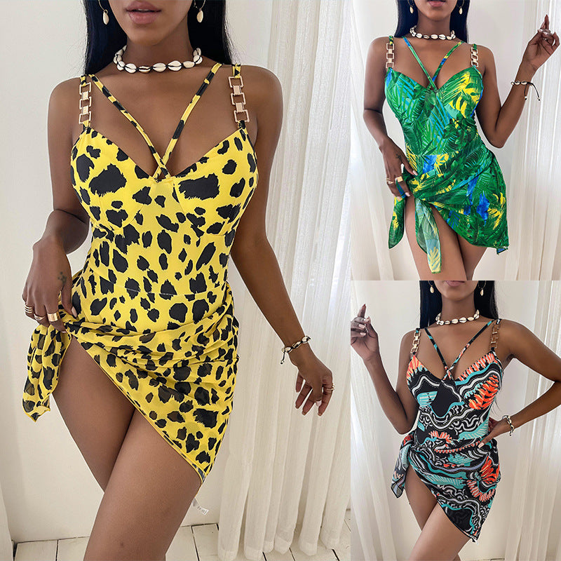 Printed One Piece Swimsuit and Skirt Set