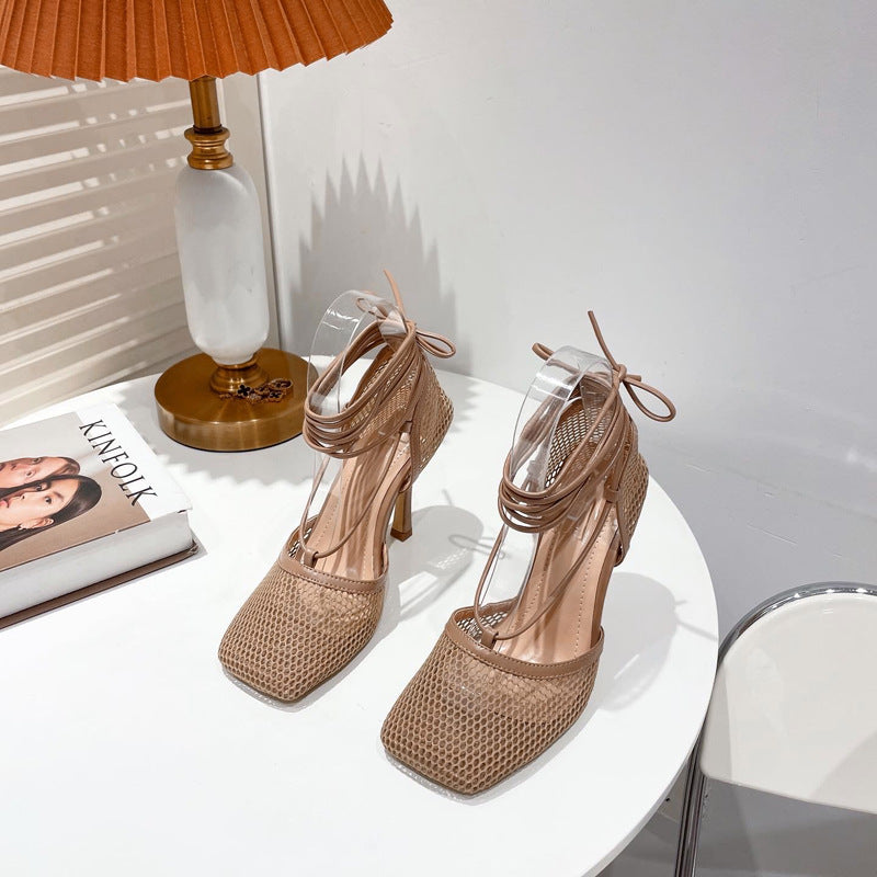High Heel Square Toe Lace Up Sandals